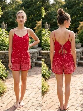 Garage Red Bandana-Print Tie-Back Romper Western XS